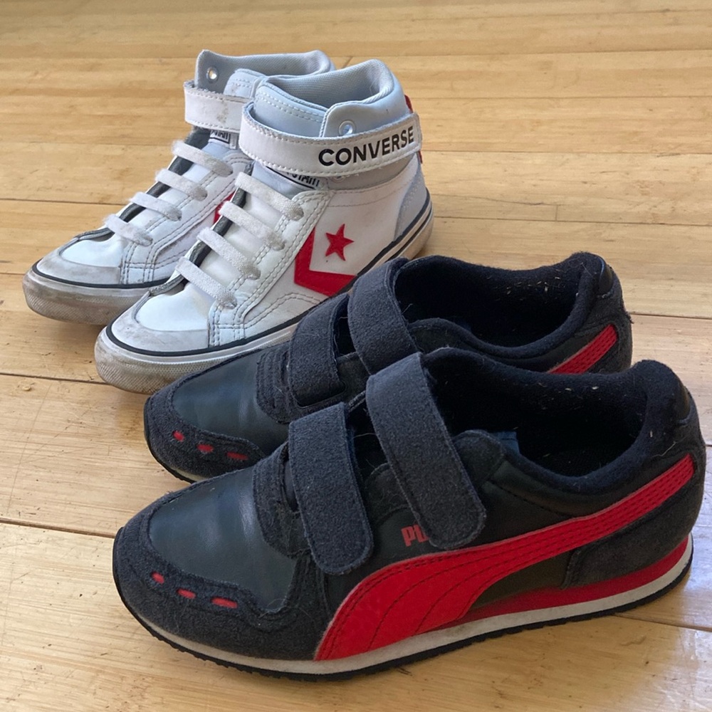 2 Pairs of Boys Sneakers Lot! Black & Red Puma + White Converse High Tops